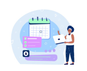 graphic of a woman with a laptop and calendar