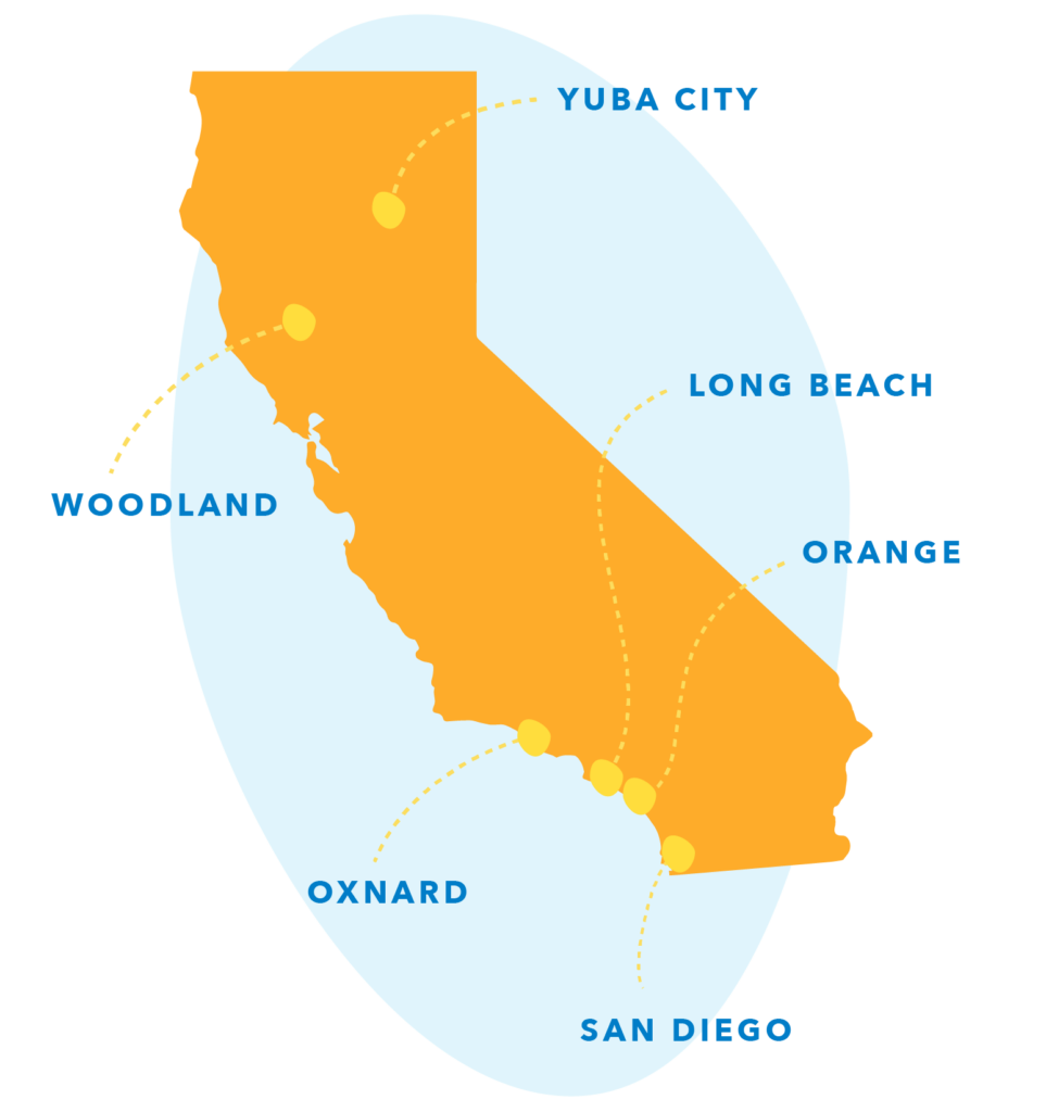 The state of California with CHS's service county locations San Diego, Orange, the greater Long Beach area, Oxnard, Woodland, and Yuba City marked.